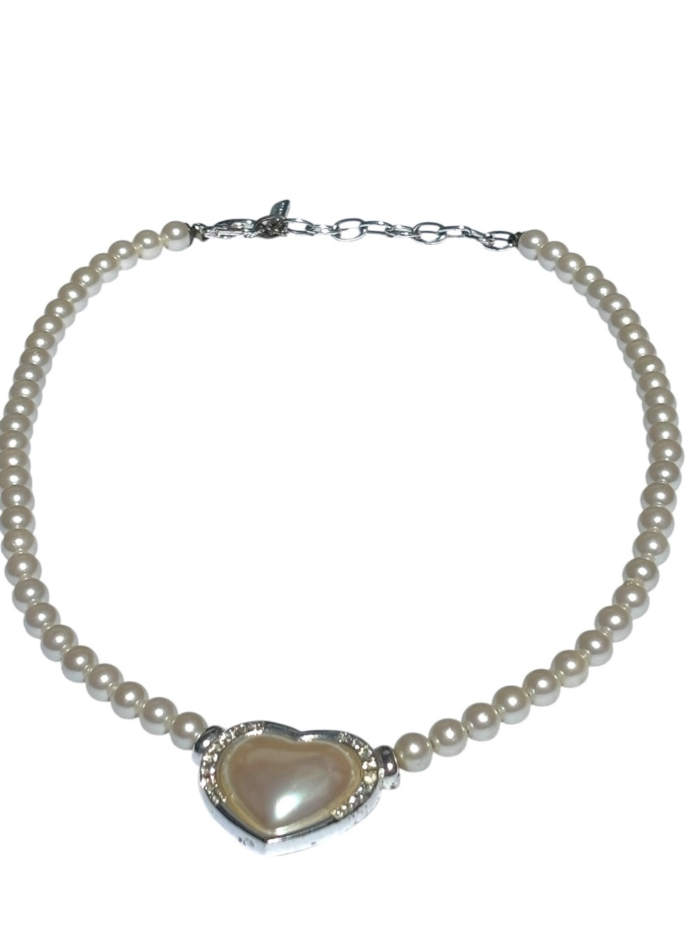 Vendome Vintage 60s Faux Pearl Necklace with Rhinestone Pave Pearl Heart Pendant